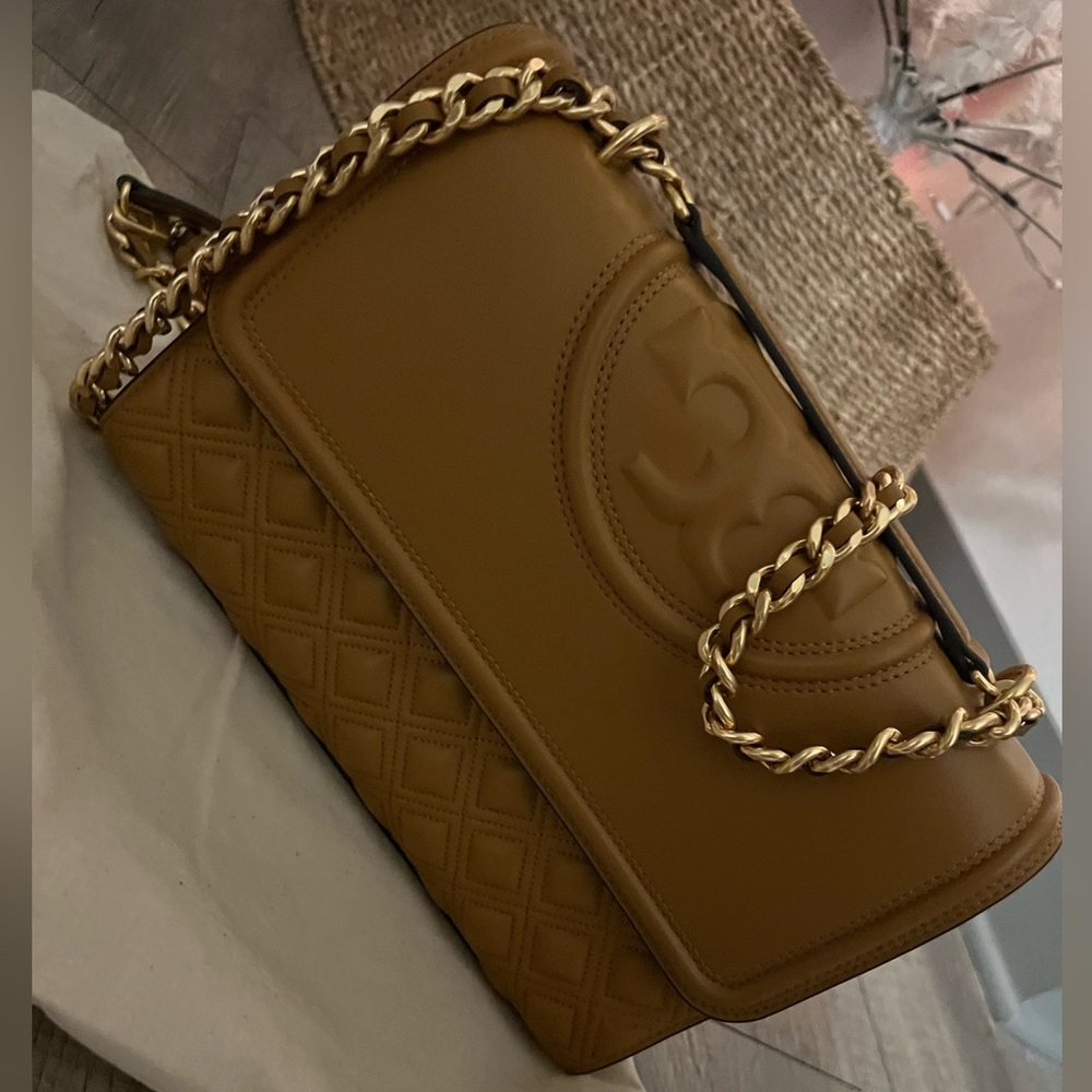 Tory Burch Tan Quilted Shoulder Bag with Gold Chain